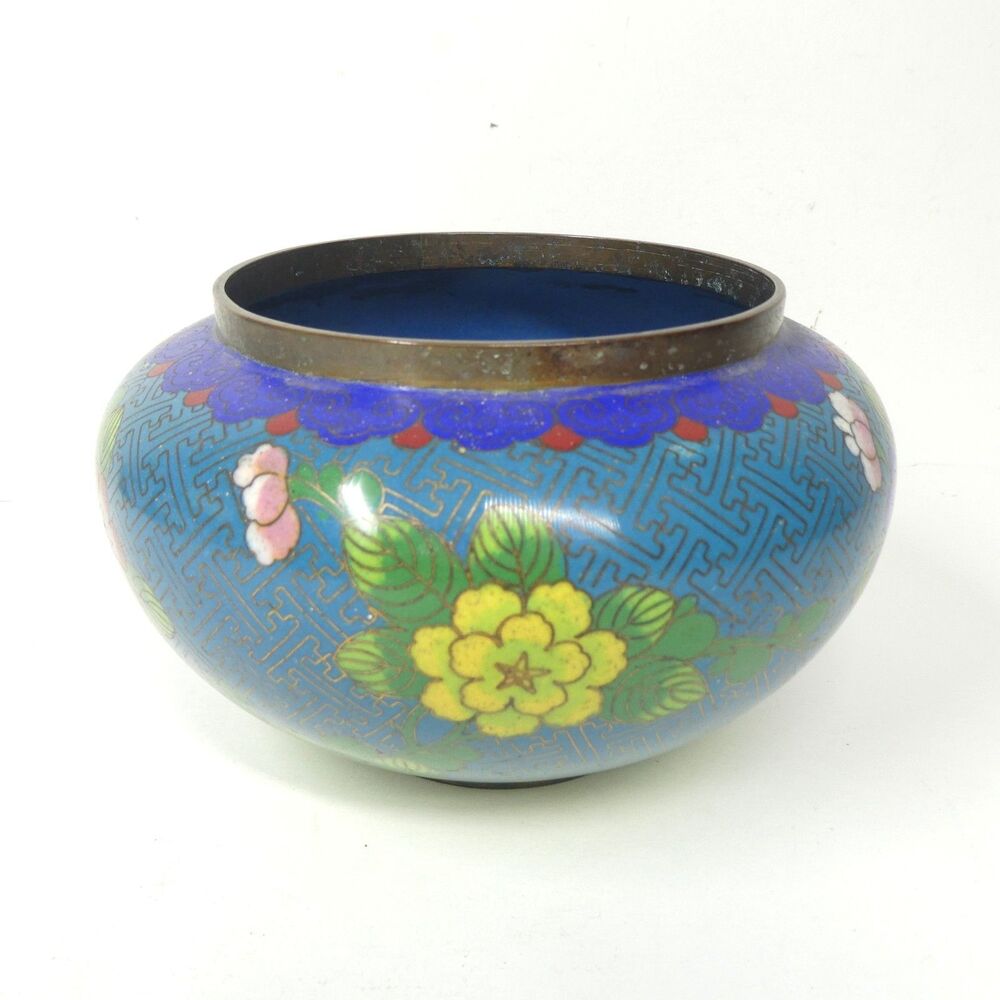 Cloisonne Bowl Blue Floral Vintage Brass Enamel 5"